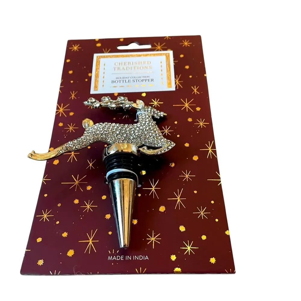 Gold Rhinestone Reindeer Bottle Stopper Holiday Barware New